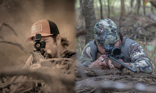 Two hunters are shown aiming their rifles in an outdoor setting.