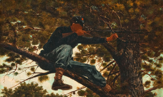 a painting of a Civil War Union soldier perched in a tree, aiming a rifle with a long scope.
