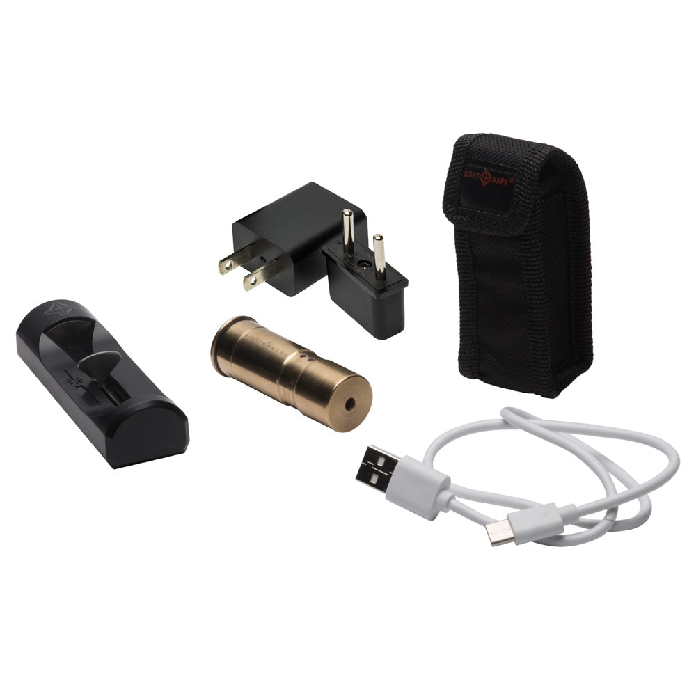Accudot 12 gauge boresight complete charging kit with USB cable, wall adapter, and carrying case
