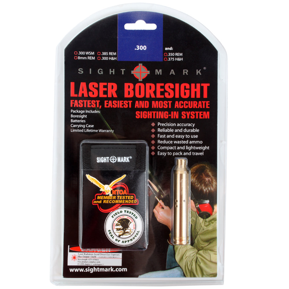 .300 Win Mag boresight complete package with carrying case, batteries, and instruction manual