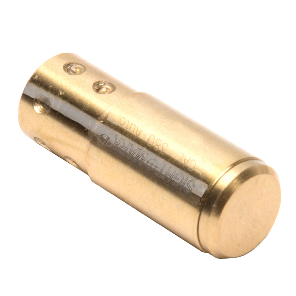 Bottom view of .380 ACP boresight cartridge showing precision manufacturing and brass finish