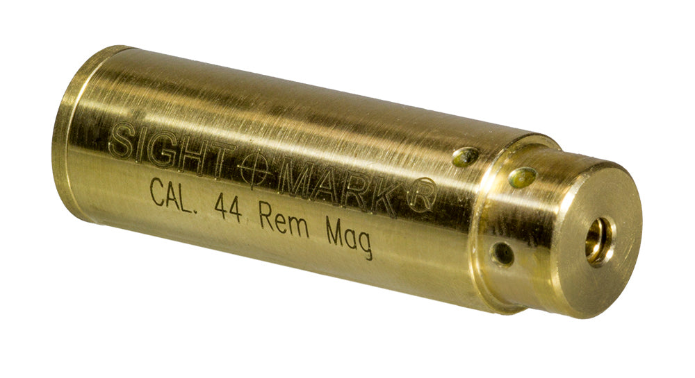 Single .44 Magnum boresight cartridge showing brass construction and precision laser system