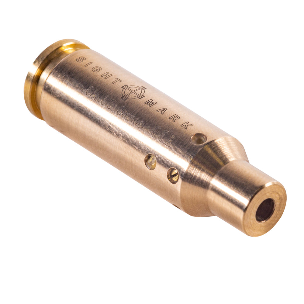 End view of 6.5 Grendel red laser boresight showing laser aperture and precision machining
