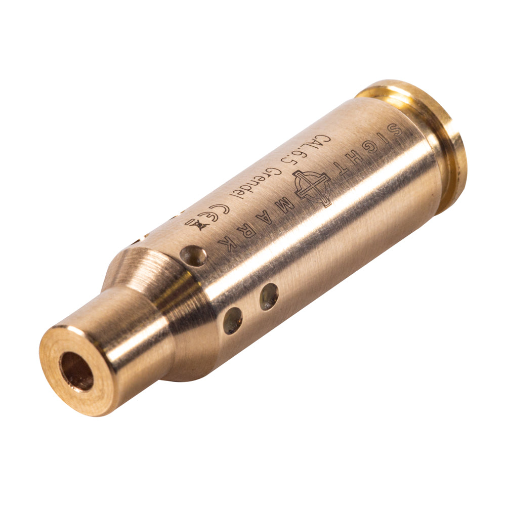 Side view of 6.5 Grendel boresight displaying durable brass cartridge and laser alignment system