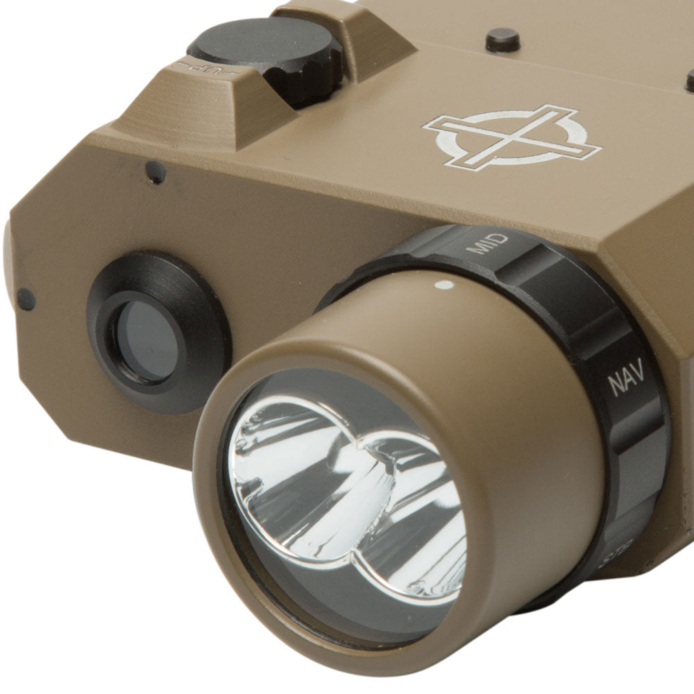 Front angled view of LoPro green laser with visible beam aperture and tactical housing