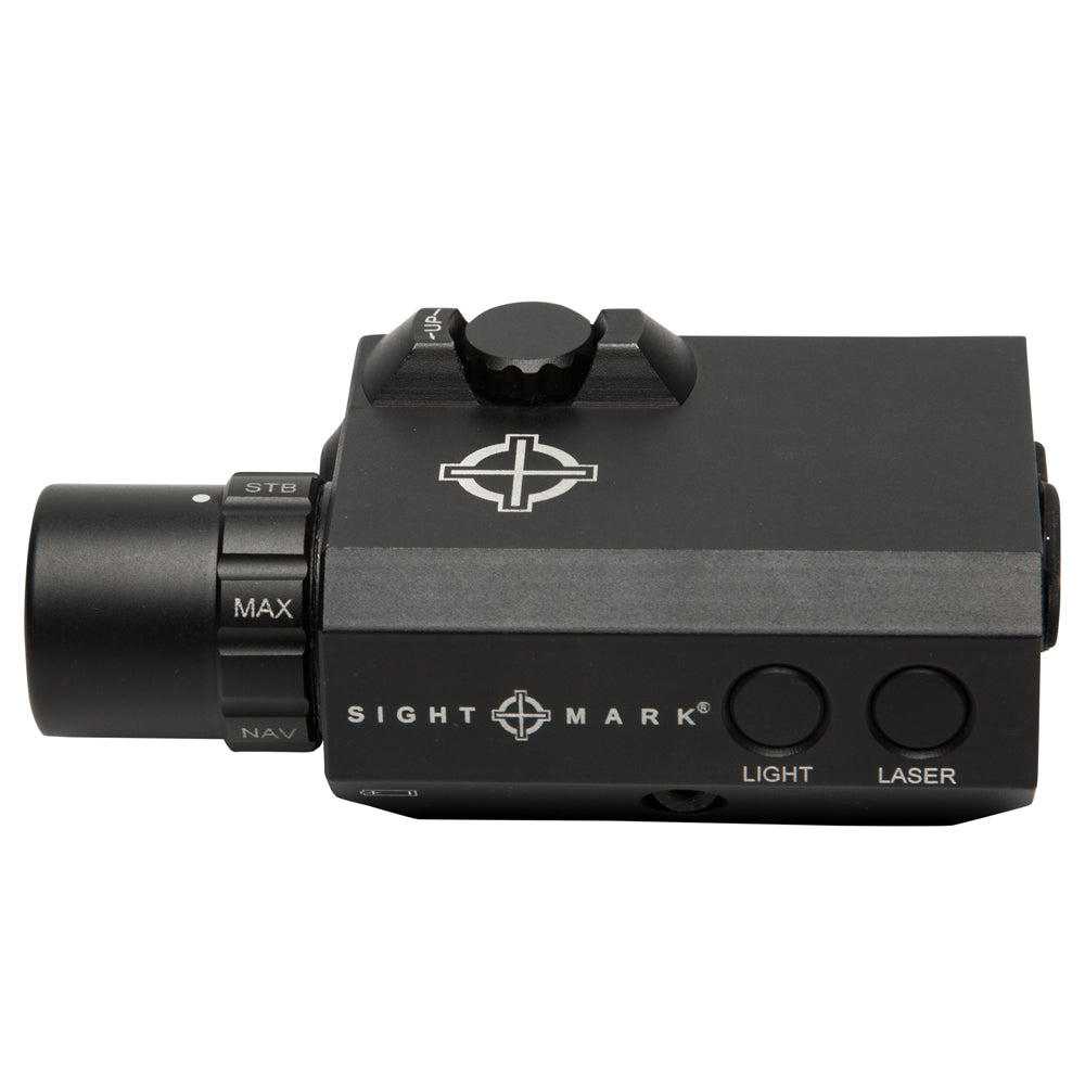 Top-mounted view of LoPro Compact flashlight with green laser on picatinny rail
