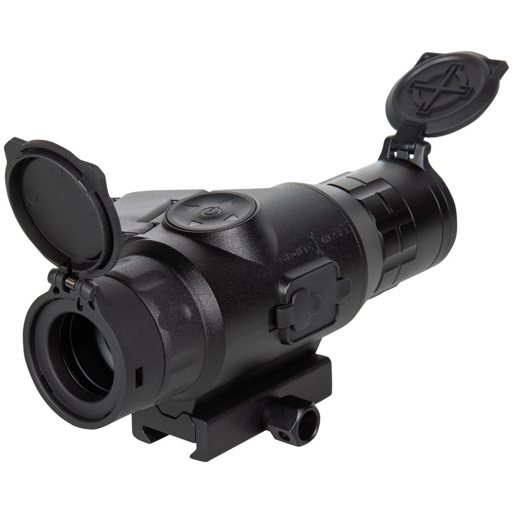 Thermal riflescope with flip-up lens covers in open position, showing protective design for outdoor hunting conditions