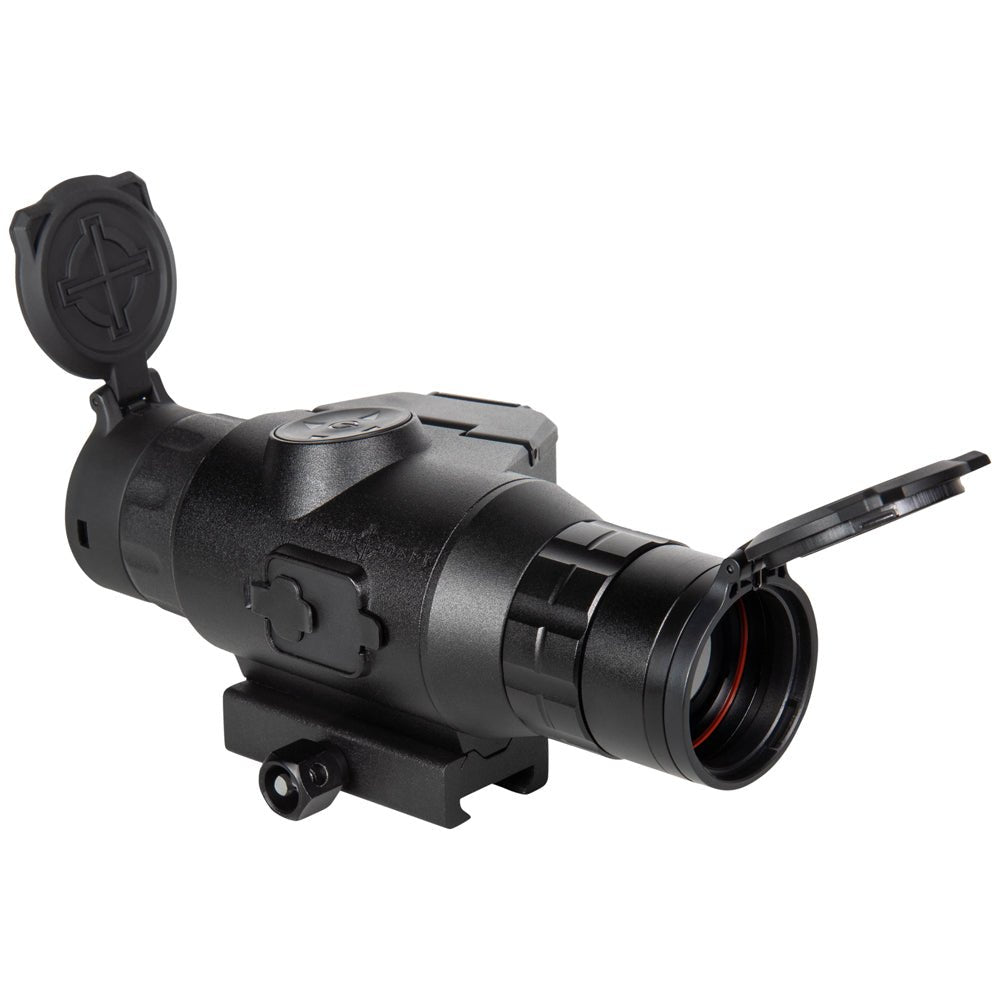 Thermal riflescope with flip-up lens covers in open position, showing protective design for outdoor hunting conditions
