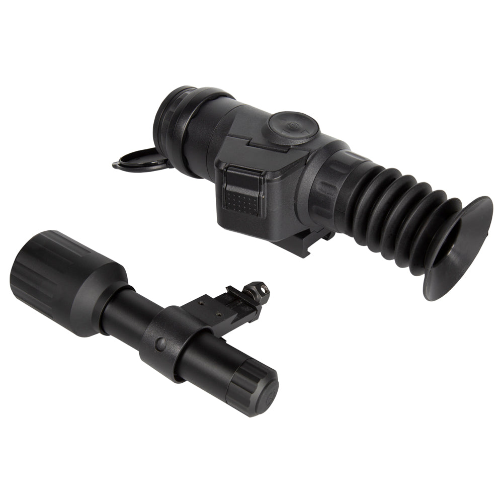 Angled view of Wraith 4K Mini riflescope showing 1280x720 FLCOS screen and control interface