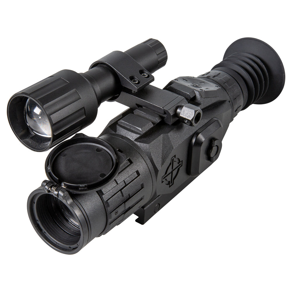 Angled view of Wraith HD digital riflescope showing objective lens and picatinny mount system
