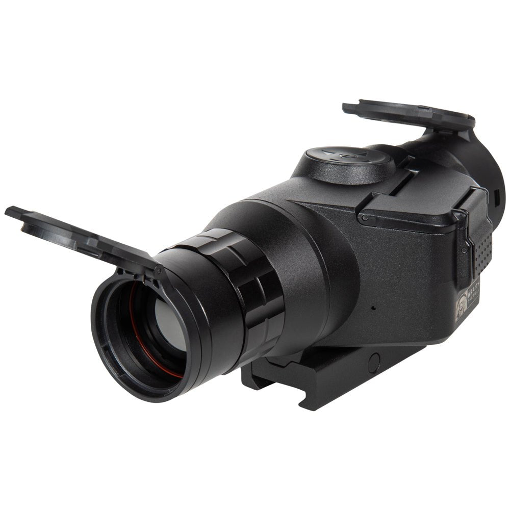 Thermal riflescope with flip-up lens covers in open position, showing protective design for outdoor hunting conditions