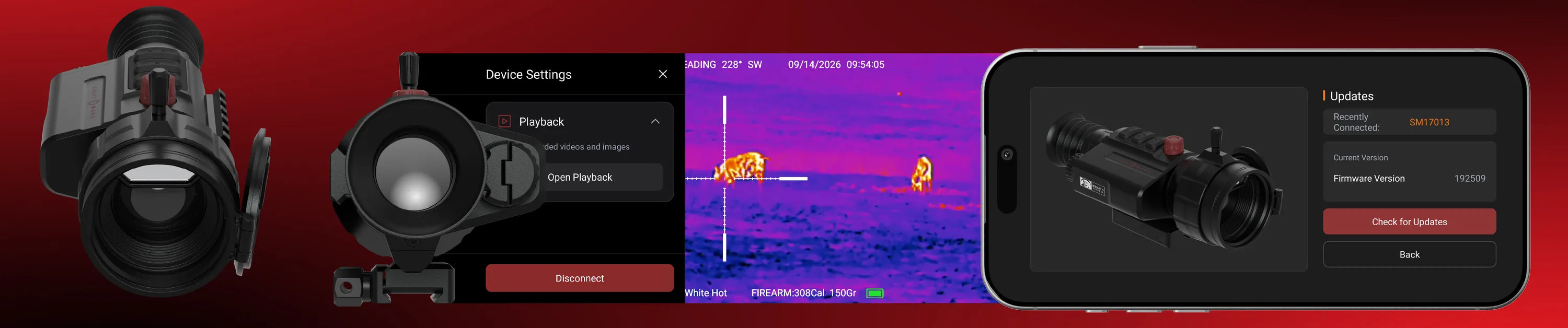 Sightmark app screens: device settings, playback of a thermal recording, and firmware updates for the Wraith 2