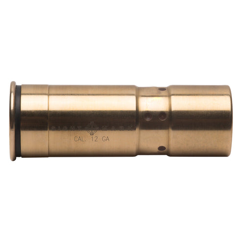 Side view of Accudot 12 gauge boresight showing durable brass construction and laser aperture
