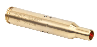 Horizontal view of .30-06 boresight cartridge displaying laser aperture and brass finish
