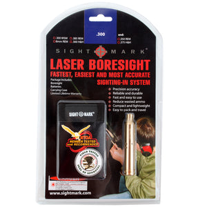 .300 Win Mag boresight complete package with carrying case, batteries, and instruction manual