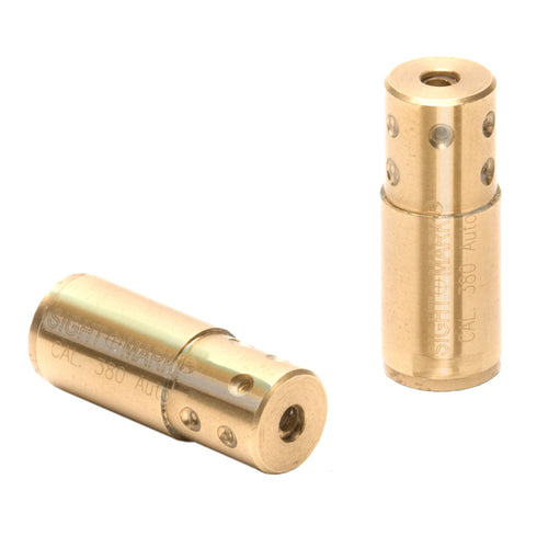 .380 ACP boresight cartridge showing compact size and laser aperture for pistol alignment
