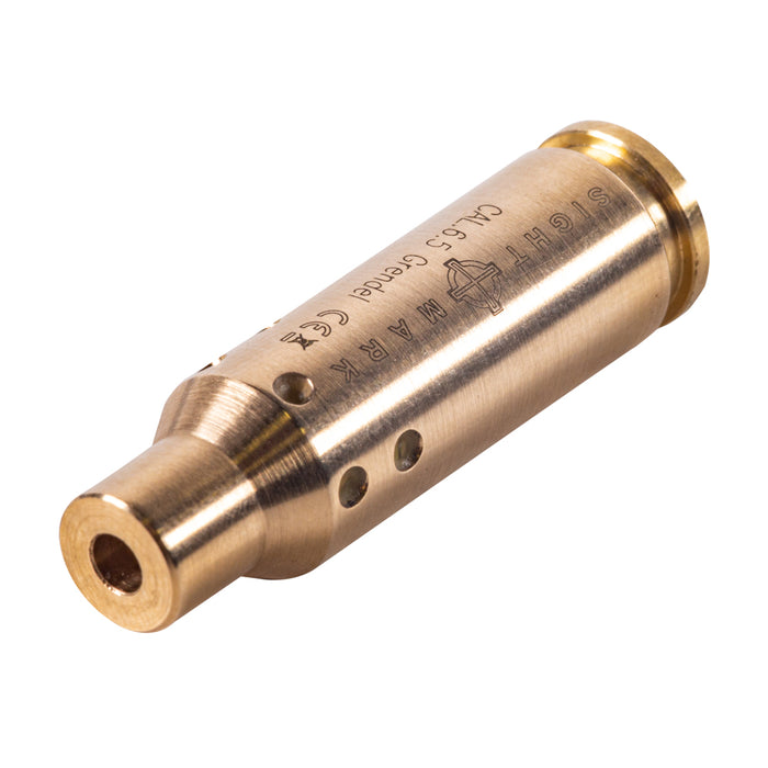 Side view of 6.5 Grendel boresight displaying durable brass cartridge and laser alignment system
