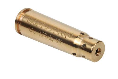 Single 7.62x39 boresight cartridge showing brass construction and precision laser alignment
