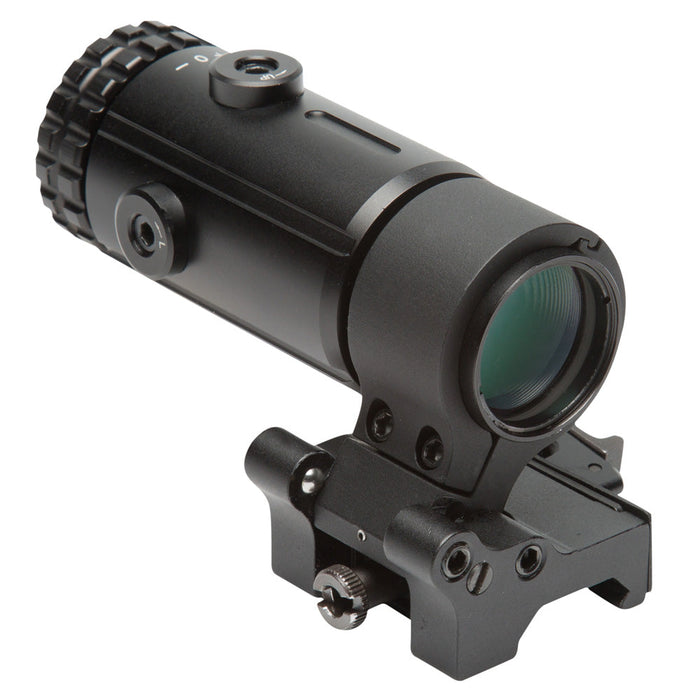 T-3 magnifier positioned behind red dot sight showing co-witness alignment and 3X magnification