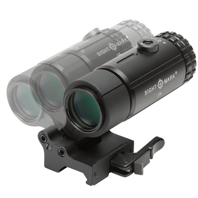 Bottom view of T-3 magnifier showing LQD mount mechanism and quick-detach features
