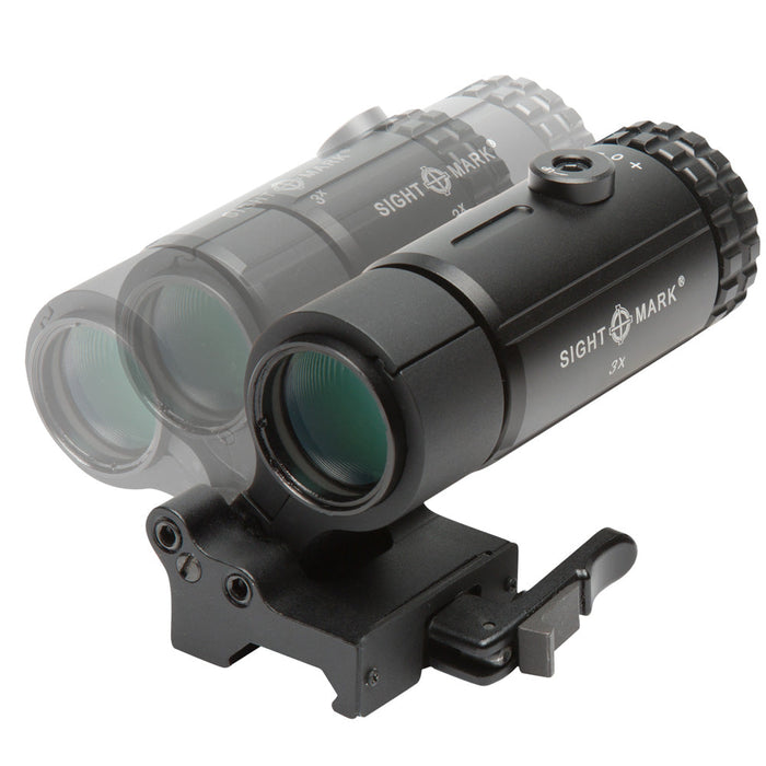 Bottom view of T-3 magnifier showing LQD mount mechanism and quick-detach features
