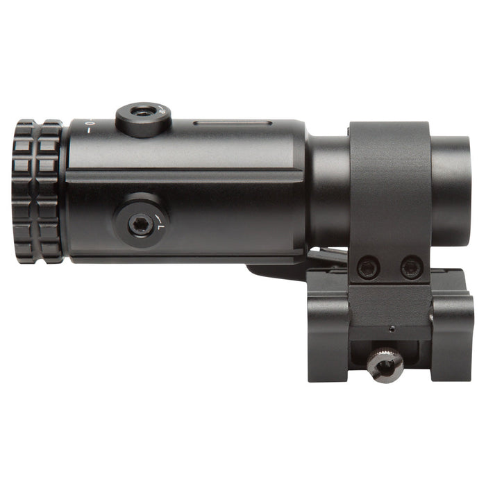 Flip-to-side LQD mount mechanism for T-5 magnifier showing quick-detach functionality
