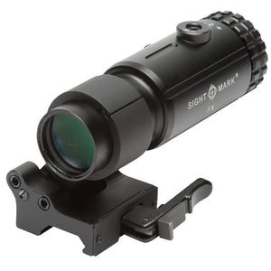 T-5 magnifier positioned behind red dot sight showing co-witness alignment and 5X magnification
