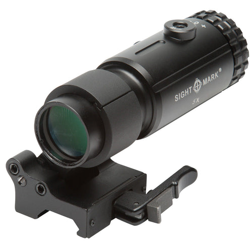 T-5 magnifier positioned behind red dot sight showing co-witness alignment and 5X magnification
