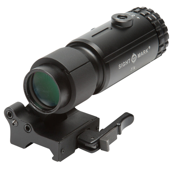 T-5 magnifier positioned behind red dot sight showing co-witness alignment and 5X magnification

